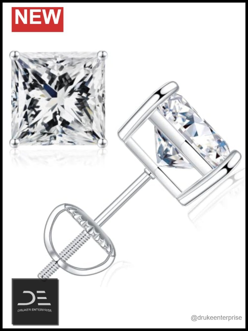 Princess Cut Moissanite Screw Back Earrings 925 Sterling Silver Hypoallergenic
